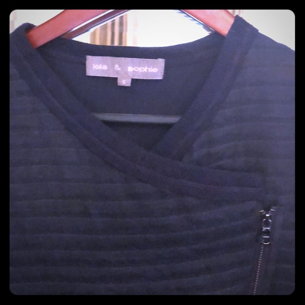 Lola & Sophie asymmetrical zipper jacket top.
